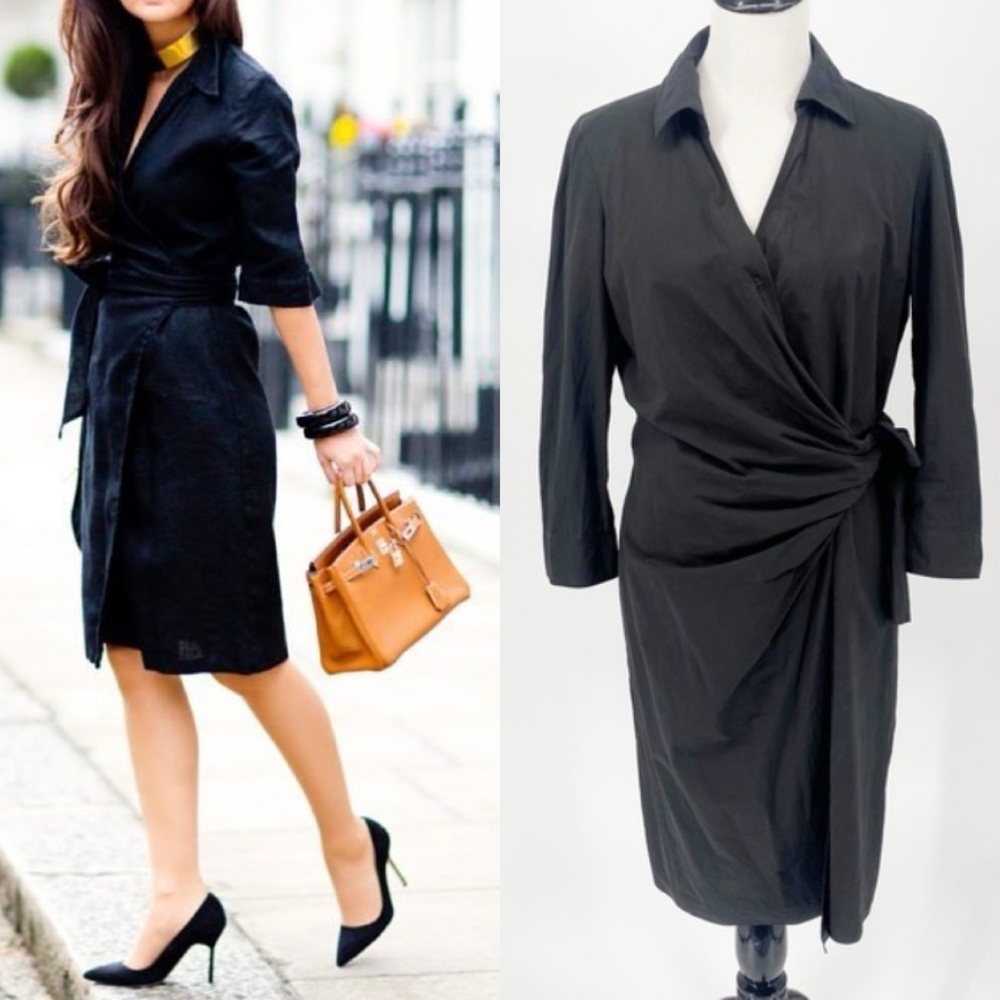 Paule Ka Classic Black Collared Wrap Dress 44
